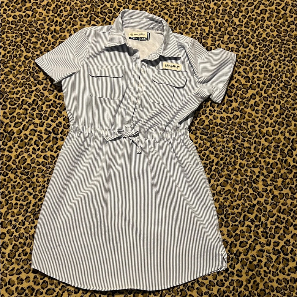 Magellan Girls size 12-14 White and Blue Striped Casual Dress